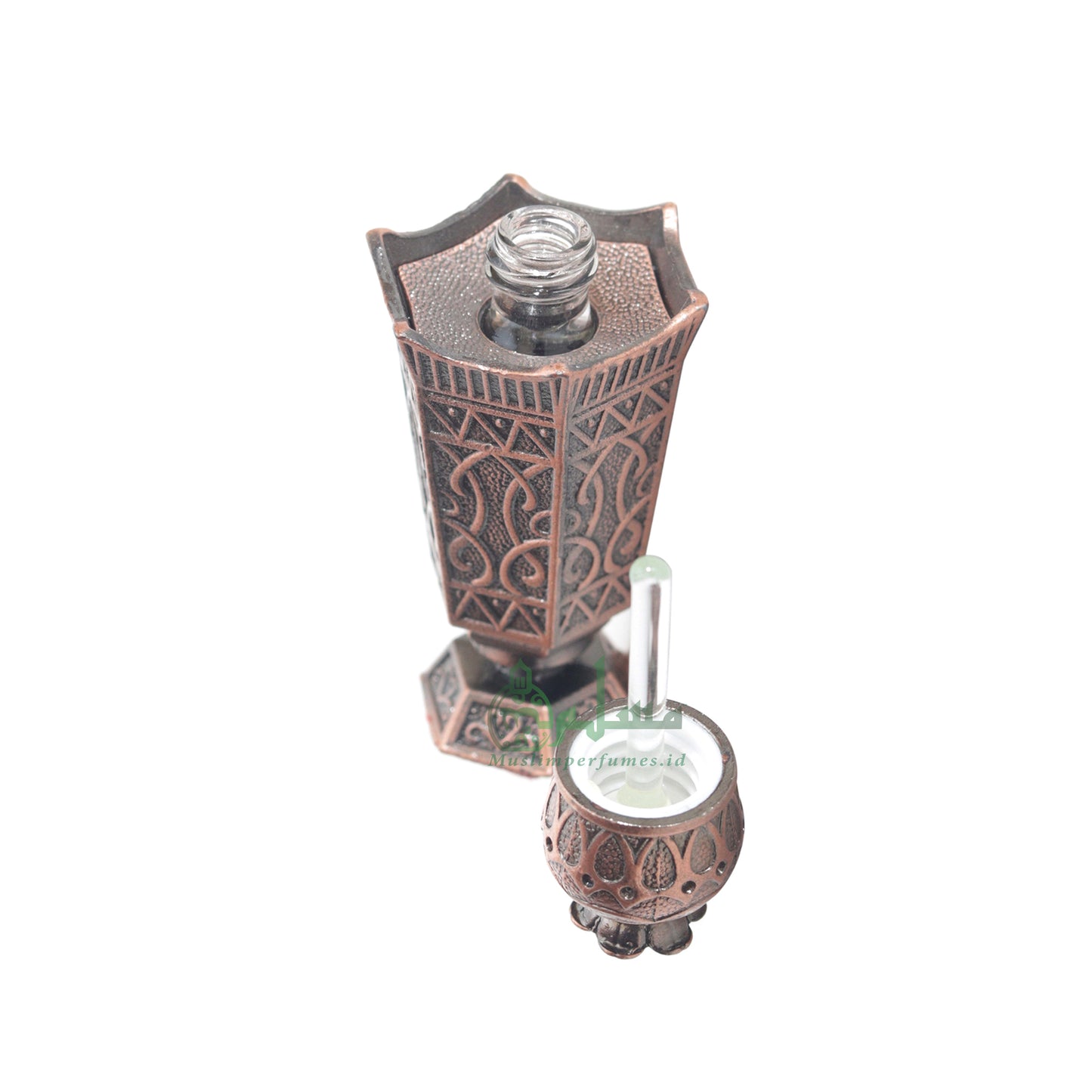 Pasu Arab REKA BENTUK Islam Warna Gangsa Kosong KECIL 2-ml Botol Vial untuk Minyak Wangi Doa Arab Minyak Attar Oud, Topi Gayung Atas Kaca Menunjuk