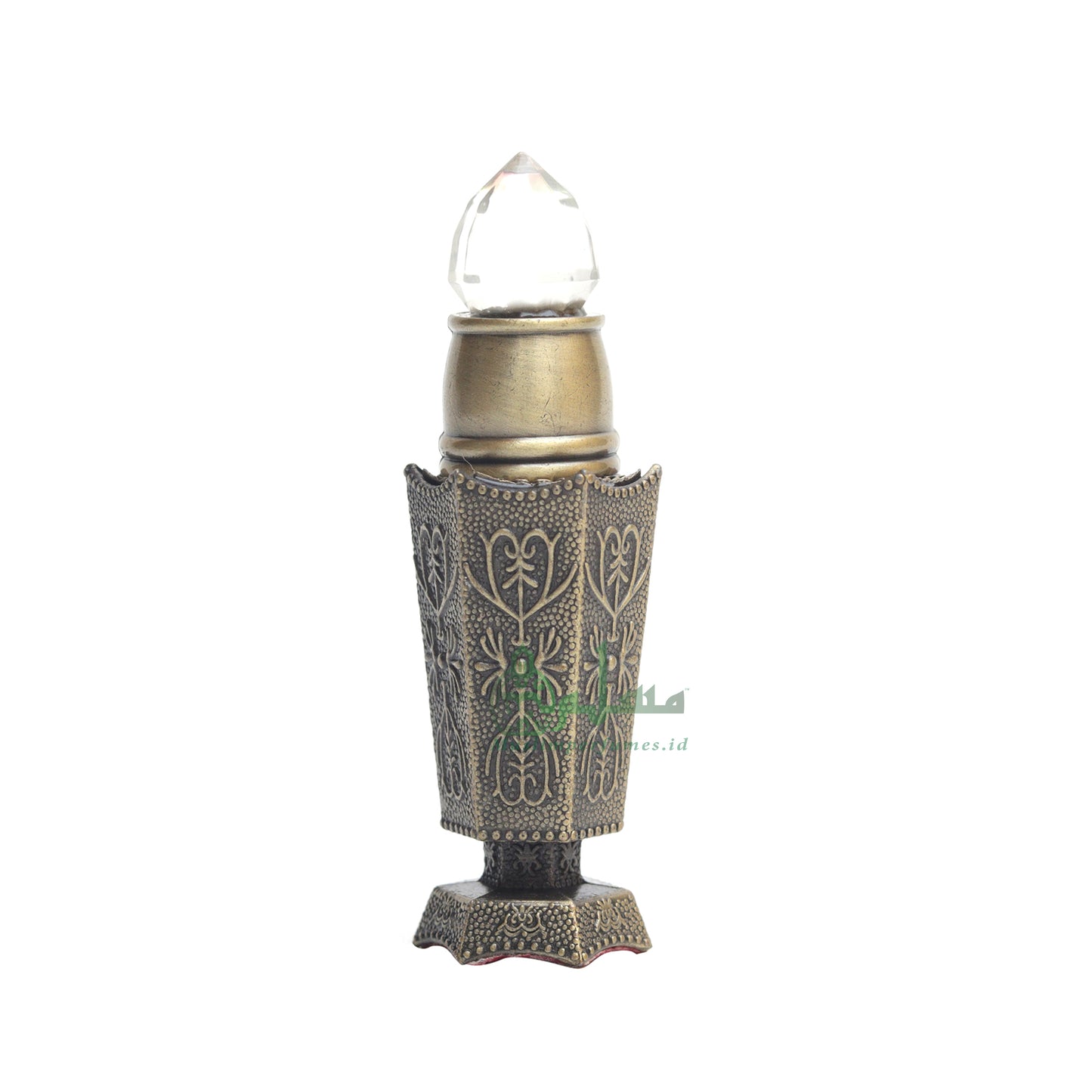 Bukhoor Burner Islamic Design Brass Color Empty 3-ml Vial Bottle For Perfume Arabian Prayer Attar Oud Oil, Pointed Glass Top Dipper Cap