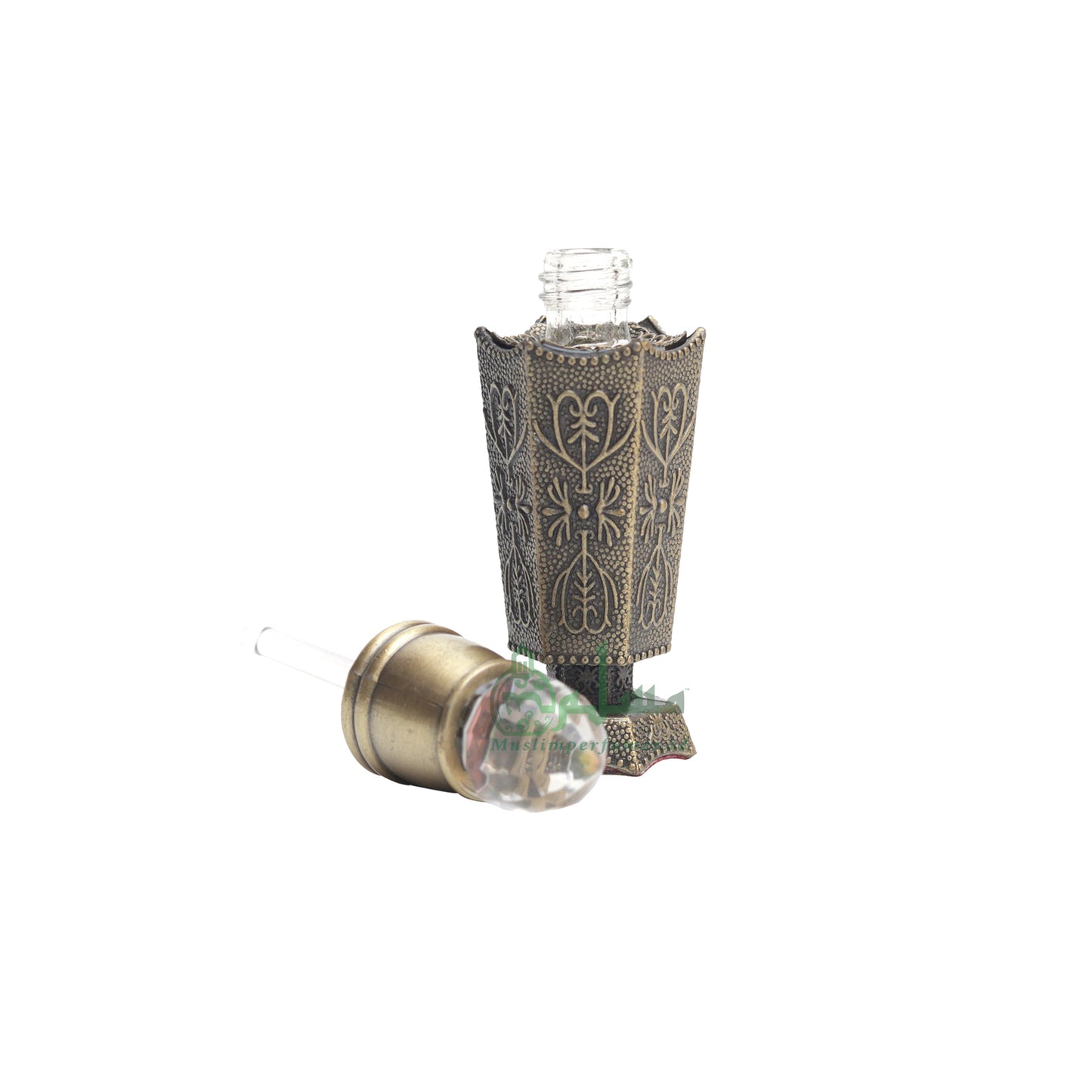 Bukhoor Burner Islamic Design Brass Color Empty 3 ml Vial Bottle For Perfume Arabian Prayer Attar Oud Oil, Pointed Glass Top Dipper Cap