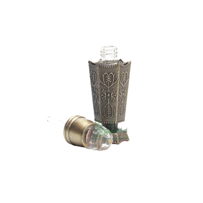 Bukhoor Burner Islamic Design Brass Color Empty 3 ml Vial Bottle For Perfume Arabian Prayer Attar Oud Oil, Pointed Glass Top Dipper Cap