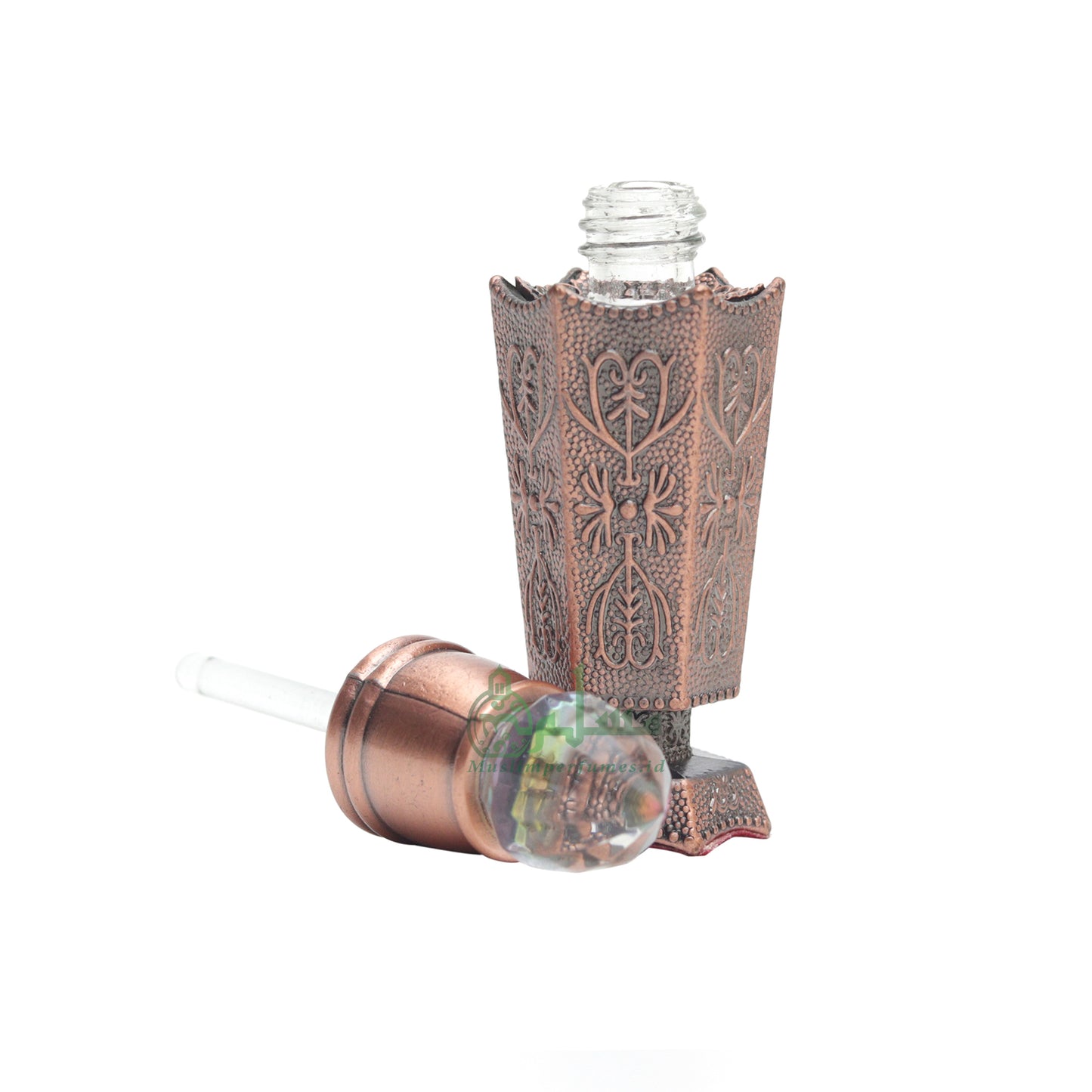 Bukhoor Burner Islamic Design Bronze Color Empty 2-ml Vial Bottle For Perfume Arabian Prayer Attar Oud Oil, Pointed Glass Top Dipper Cap