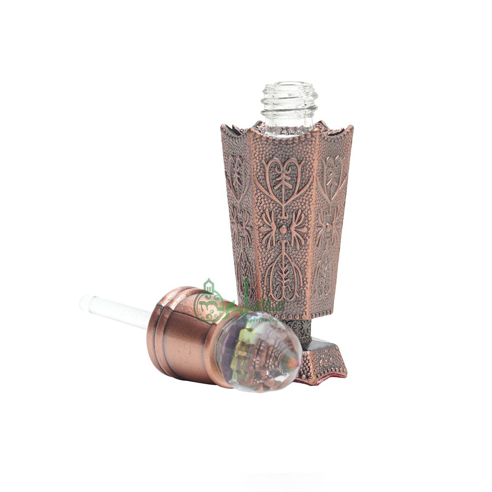 Bukhoor Burner Islamic Design Bronze Color Empty 2- ml Vial Bottle For Perfume Arabian Prayer Attar Oud Oil, Pointed Glass Top Dipper Cap