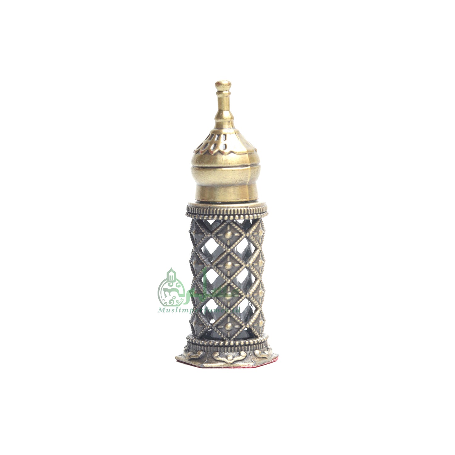 Empty Perfume Bottle Small Pointed Minaret Lattice Design Brass Color Attar Oud Musk 3.4-ml Vial Bejeweled Blue Accents Dipper Applicator