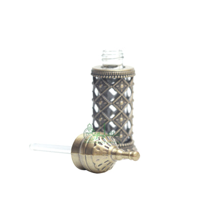 Empty Perfume Bottle Small Pointed Minaret Lattice Design Brass Color Attar Oud Musk 3.4-ml Vial Bejeweled Blue Accents Dipper Applicator