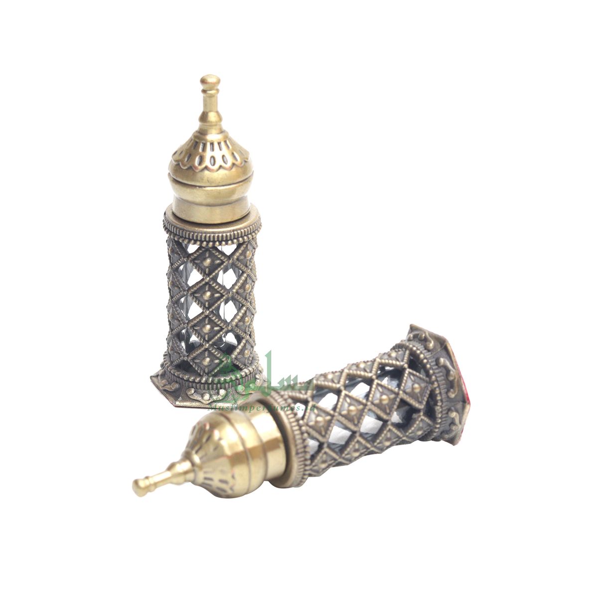 Empty Perfume Bottle Small Pointed Minaret Lattice Design Brass Color Attar Oud Musk 3.4- ml Vial Bejeweled Blue Accents Dipper Applicator