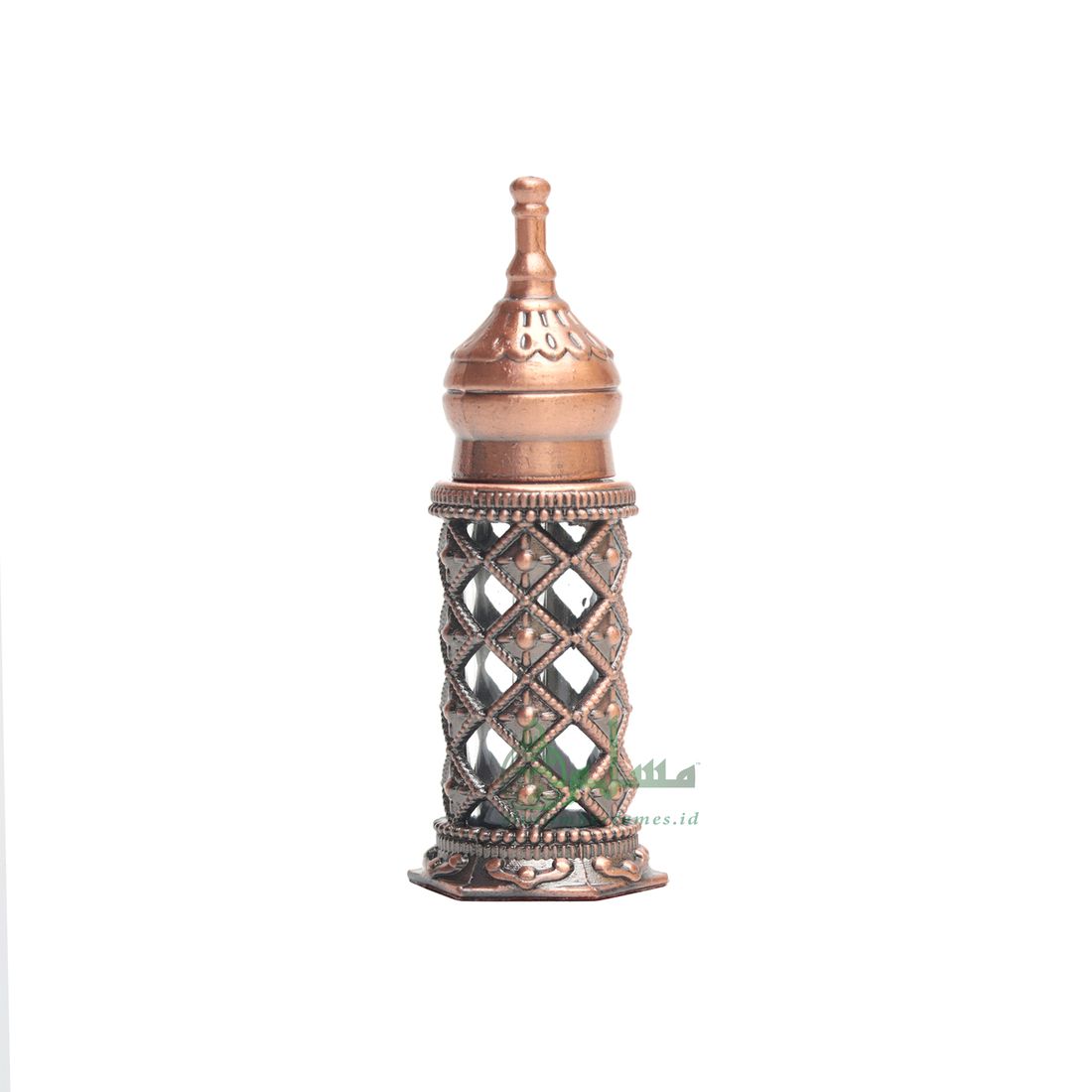 EMPTY PERFUME BOTTLE Small Pointed Minaret Lattice Design Bronze Color Attar Oud Musk Glass 3.4-ml Bejeweled Blue Accents Dipper Applicator