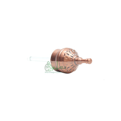 Empty Perfume Bottle Small Pointed Minaret Lattice Design Bronze Color Attar Oud Musk Glass 3.4- ml Bejeweled Blue Accents Dipper Applicator