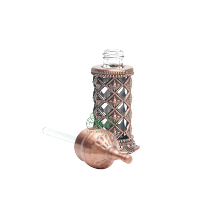 Empty Perfume Bottle Small Pointed Minaret Lattice Design Bronze Color Attar Oud Musk Glass 3.4- ml Bejeweled Blue Accents Dipper Applicator