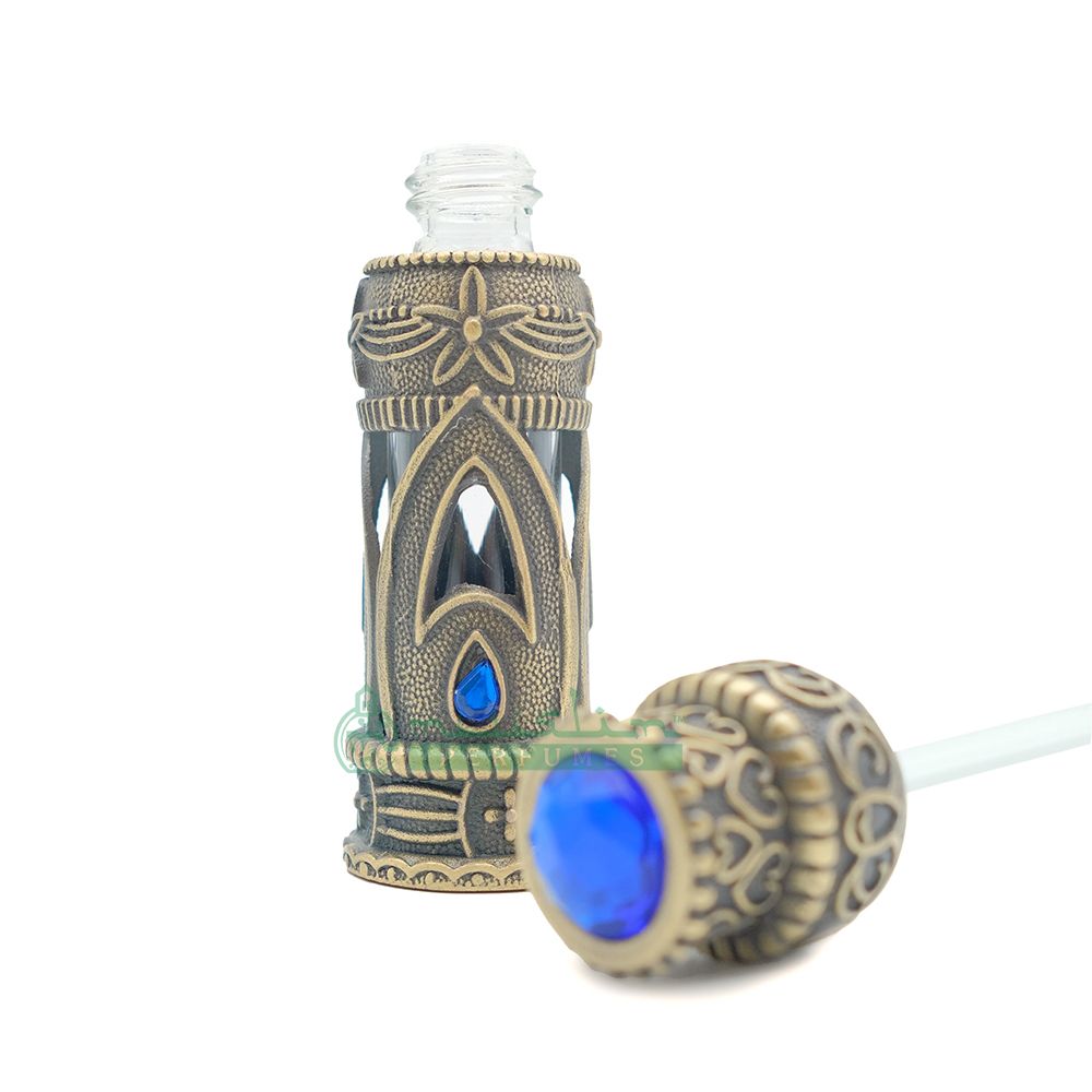 6 ml Pure Dark Malinau Oud Perfume Oil in Emirati Arabesque Antique Brass Glass Dipstick Bottle