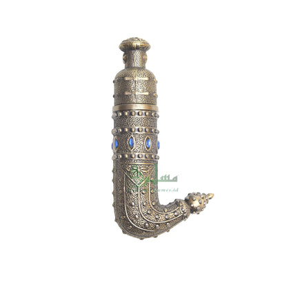 Empty Perfume Bottle Small Yemeni Dagger Jambiyya Design Brass Color Attar Oud Musk Glass 5ml Vial Bejeweled Blue Accents Dipper Applicator