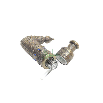 Empty Perfume Bottle Small Yemeni Dagger Jambiyya Design Brass Color Attar Oud Musk Glass 5 ml Vial Bejeweled Blue Accents Dipper Applicator