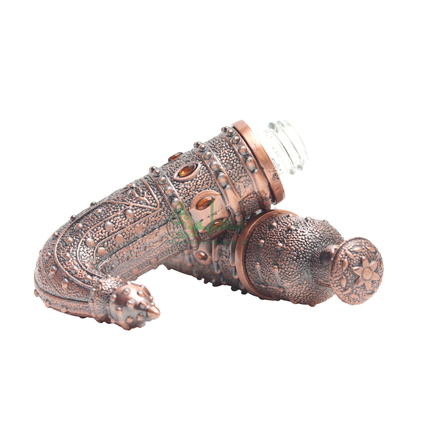 Empty Perfume Bottle Small Yemeni Dagger Jambiyya Red Bronze Color Attar Oud Musk Glass 5 ml Vial Bejeweled Blue Accents Dipper Applicator