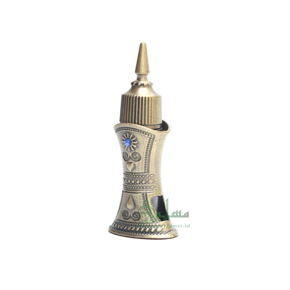 Empty Perfume Bottle - Tapered Omani Design Metallic Brass Color Arab Style Glass Interior Flask Bejeweled Blue For Oud Oil Attar Musk 2.4 ml