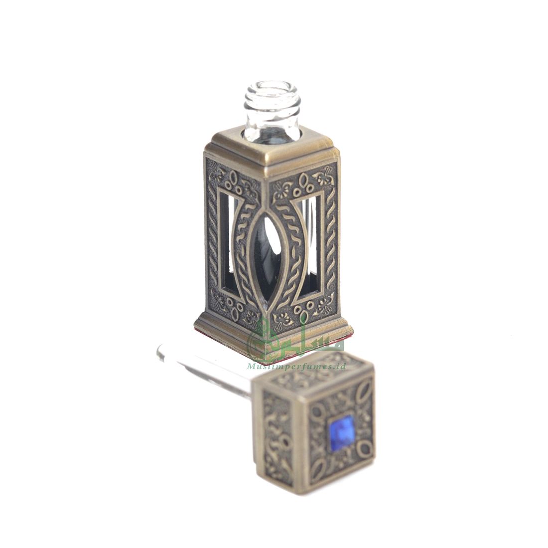Square Window Islamic DESIGN Brass Color SMALL EMPTY 3-ml Vial Bottle for Perfume Arab Prayer Attar Oud Oil, Pointed Glass Top Dipper Cap