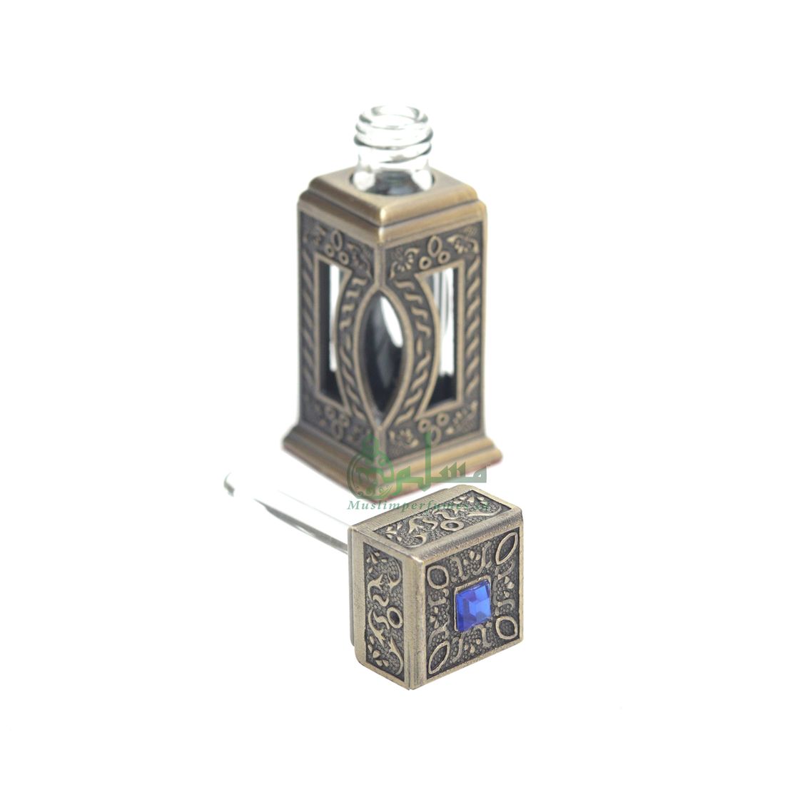 Square Window Islamic DESIGN Brass Color SMALL EMPTY 3-ml Vial Bottle for Perfume Arab Prayer Attar Oud Oil, Pointed Glass Top Dipper Cap