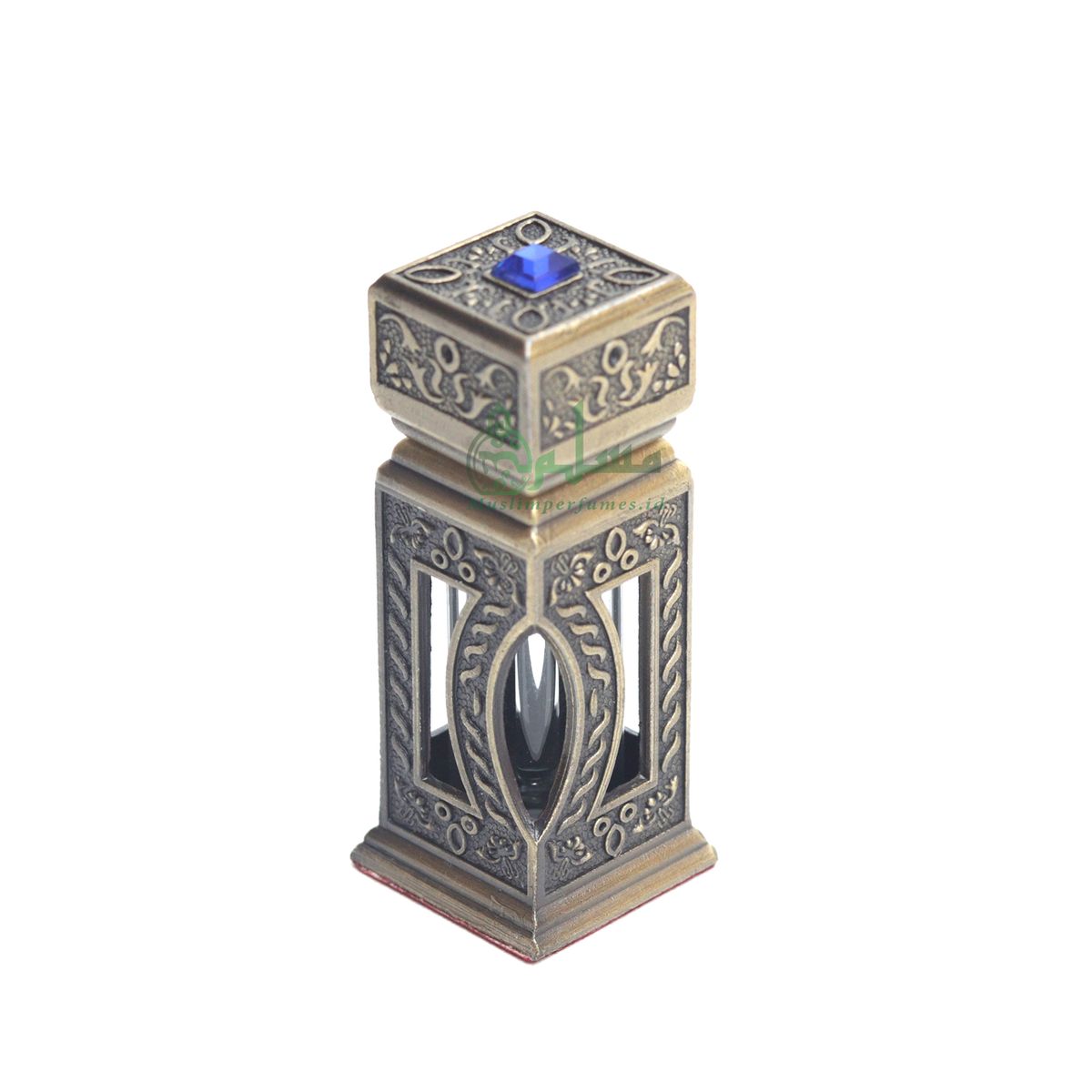Square Window Islamic Design Brass Color Small Empty 3 ml Vial Bottle For Perfume Arab Prayer Attar Oud Oil, Pointed Glass Top Dipper Cap