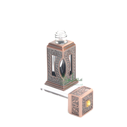 Square Window Islamic Design Bronze Color Small Empty 3 ml Vial Bottle For Perfume Arab Prayer Attar Oud Oil, Pointed Glass Top Dipper Cap