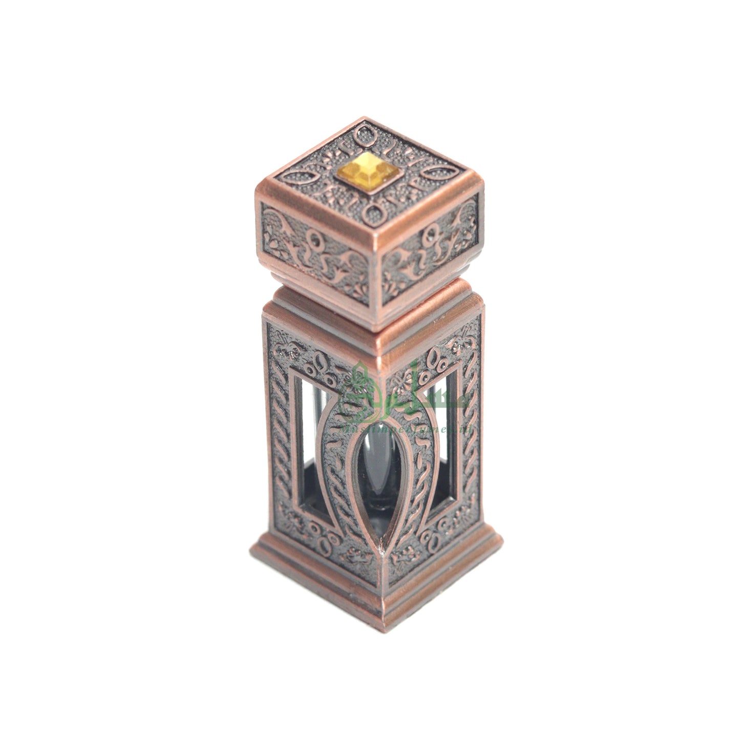 Square Window Islamic Design Bronze Color Small Empty 3 ml Vial Bottle For Perfume Arab Prayer Attar Oud Oil, Pointed Glass Top Dipper Cap