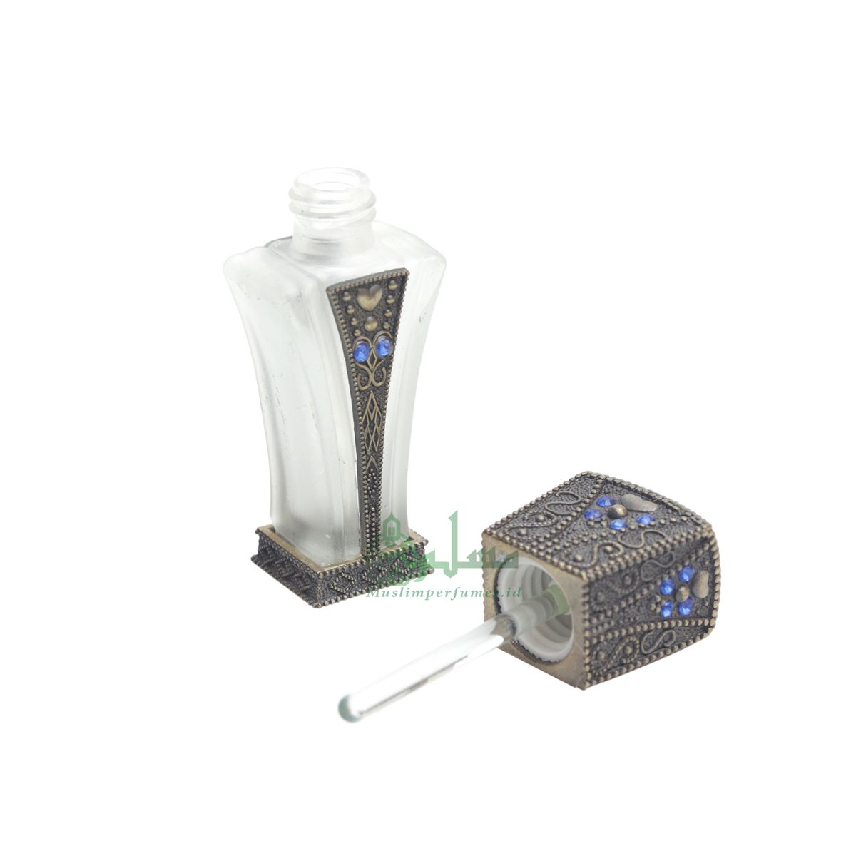 Empty Perfume Bottle Small 5 ml Sleek Slim Tapered Rectangular Design Brass Attar Oud Musk Glass 5 ml Vial Blue Accents Dipper Applicator