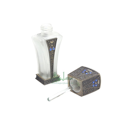 Empty Perfume Bottle Small 5 ml Sleek Slim Tapered Rectangular Design Brass Attar Oud Musk Glass 5 ml Vial Blue Accents Dipper Applicator
