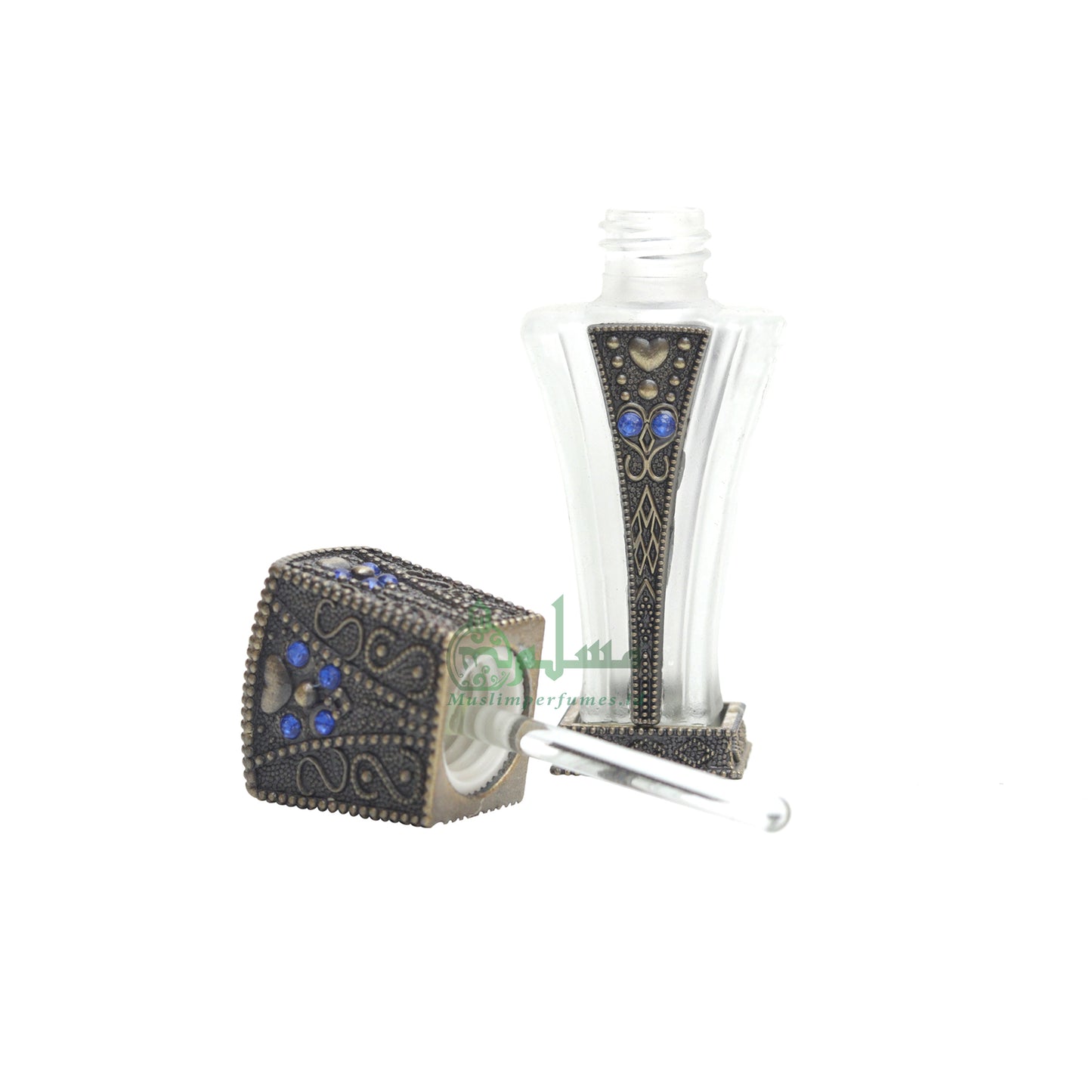 Botol Parfum Kosong Kecil 5 ml Desain Persegi Panjang Ramping dan Meruncing Kuningan Attar Oud Musk Kaca 5 ml Botol Aksen Biru Dipper Applicator