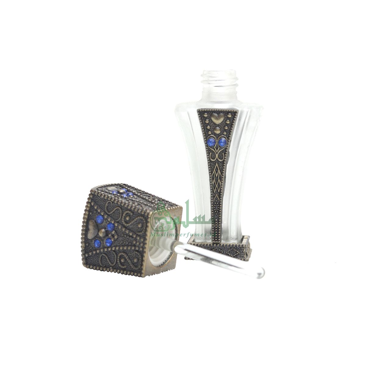 Empty Perfume Bottle Small 5 ml Sleek Slim Tapered Rectangular Design Brass Attar Oud Musk Glass 5 ml Vial Blue Accents Dipper Applicator