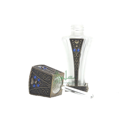 Empty Perfume Bottle Small 5 ml Sleek Slim Tapered Rectangular Design Brass Attar Oud Musk Glass 5 ml Vial Blue Accents Dipper Applicator