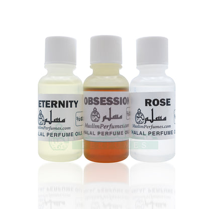 Perfume Set of 3 – Eternity, Obsession, Rose – 1/2 oz. Bottles