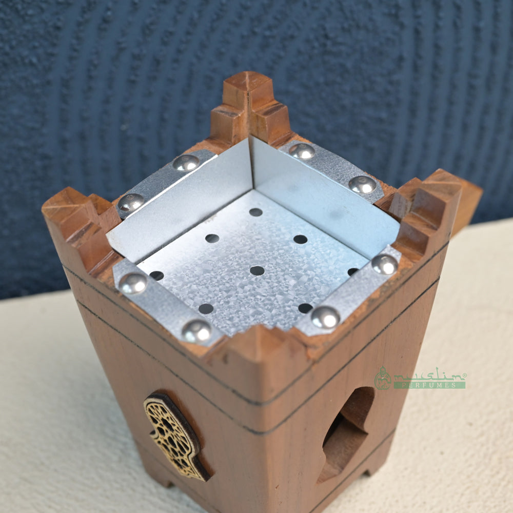 Large Tapered Rectangular-Shaped Handcrafted Teak Wood Bukhoor Incense Burner with Sandal Design