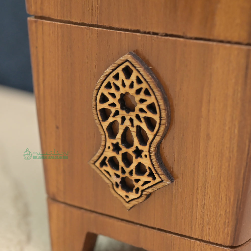 Medium Tapered Rectangular-Shaped Handcrafted Teak Wood Bukhoor Incense Burner with Sandal Design