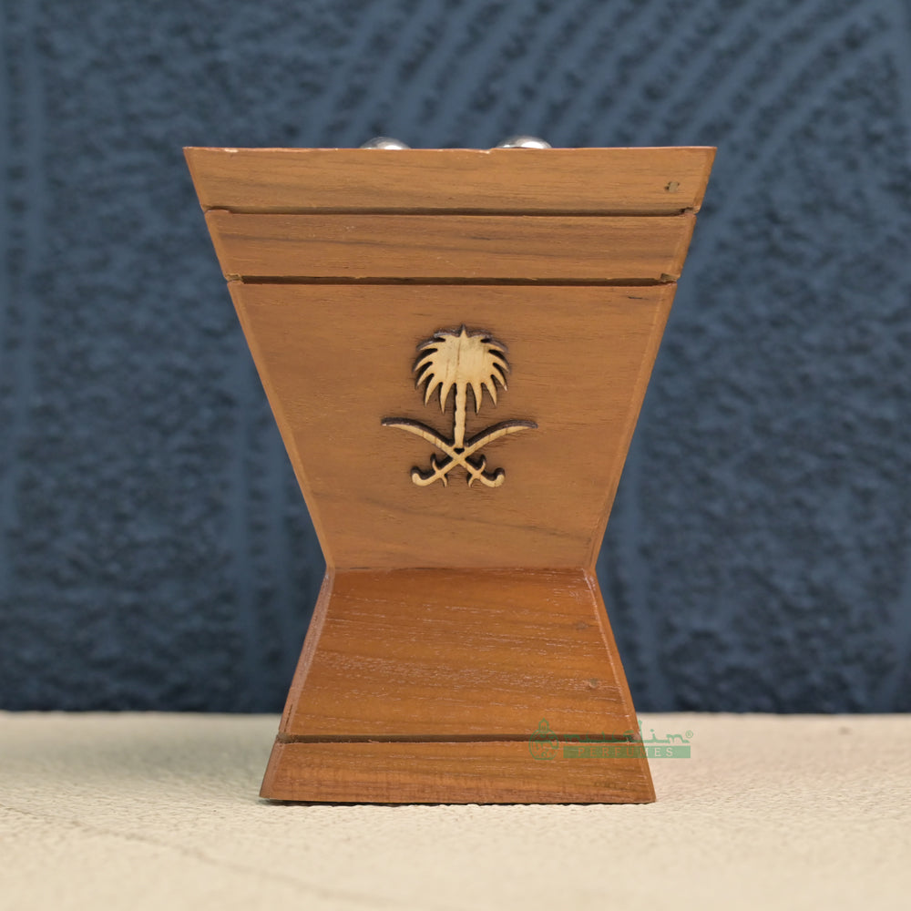 Trapezoidal-Shaped Handcrafted Teak Wood Bukhoor Incense Burner with Saifan wa Nakhal Design
