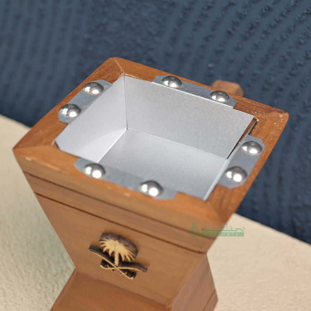 Trapezoidal-Shaped Handcrafted Teak Wood Bukhoor Incense Burner with Saifan wa Nakhal Design