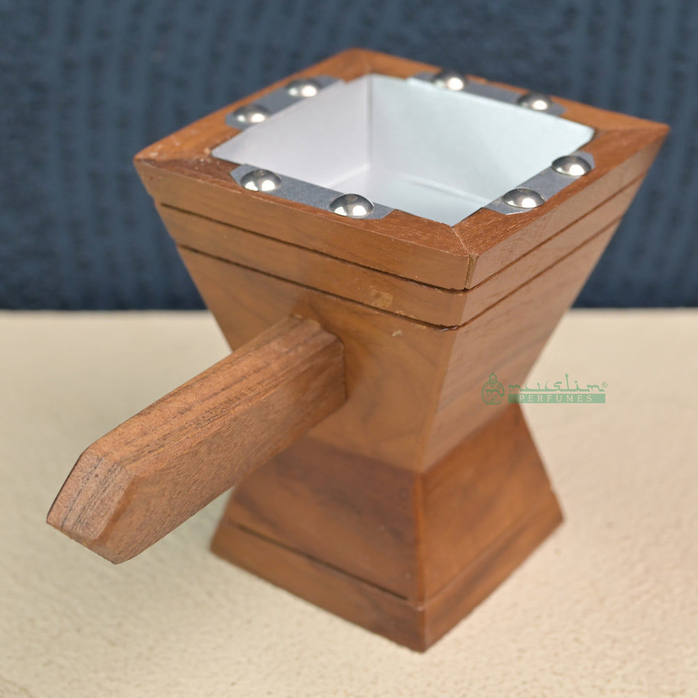 Trapezoidal-Shaped Handcrafted Teak Wood Bukhoor Incense Burner with Saifan wa Nakhal Design