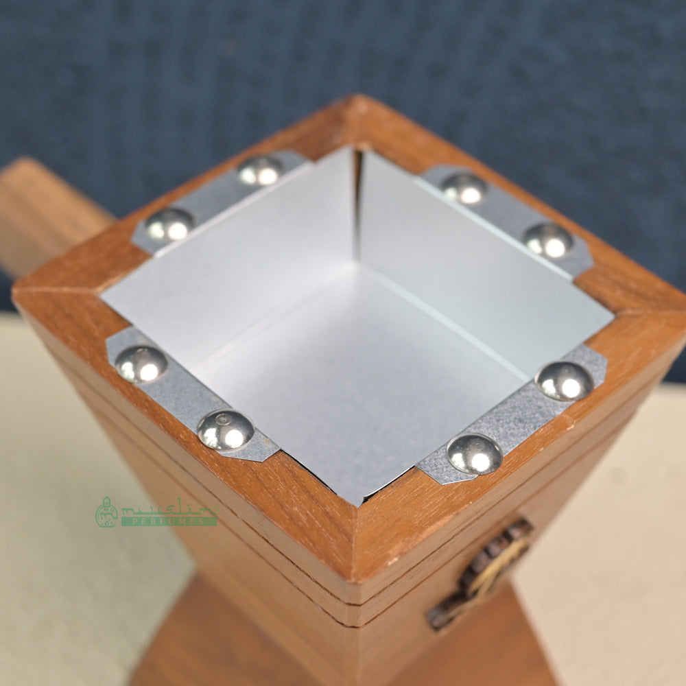 Trapezoidal-Shaped Handcrafted Teak Wood Bukhoor Incense Burner with Saifan wa Nakhal Design