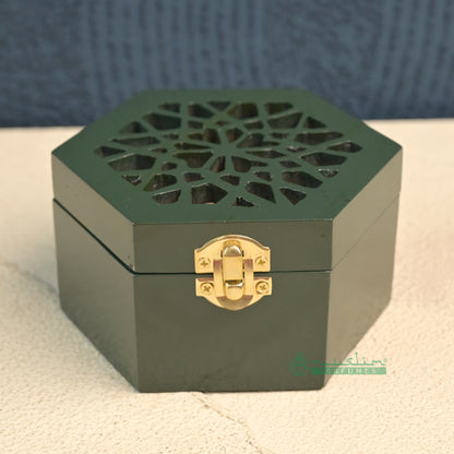 Green Hexagon Arabesque Handcrafted Teak Wood Bukhoor Incense Burner