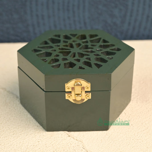 Green Hexagon Arabesque Handcrafted Teak Wood Bukhoor Incense Burner
