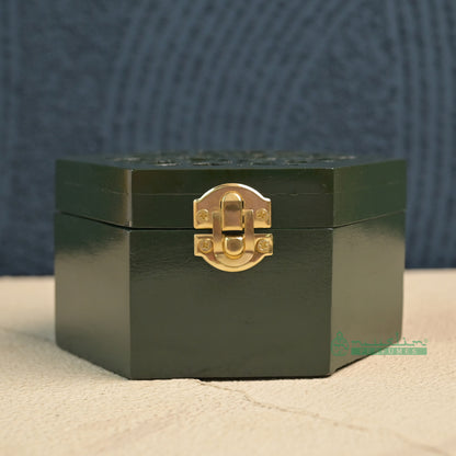 Green Hexagon Arabesque Handcrafted Teak Wood Bukhoor Incense Burner
