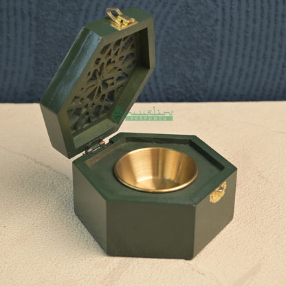 Green Hexagon Arabesque Handcrafted Teak Wood Bukhoor Incense Burner