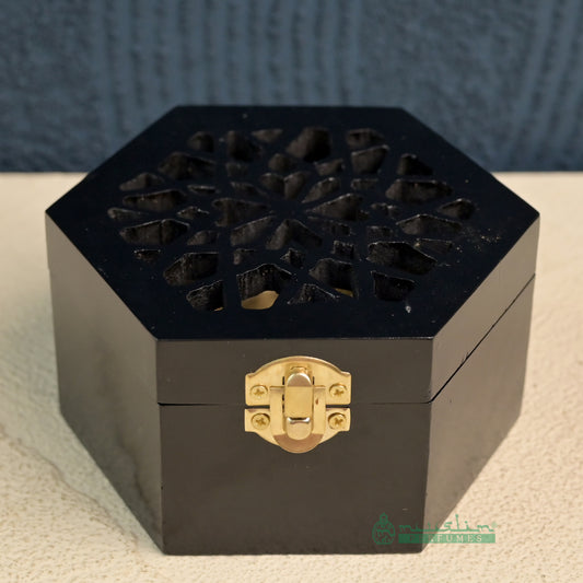 Black Hexagon Arabesque Handcrafted Teak Wood Bukhoor Incense Burner