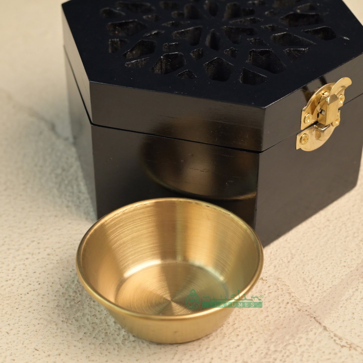 Black Hexagon Arabesque Handcrafted Teak Wood Bukhoor Incense Burner