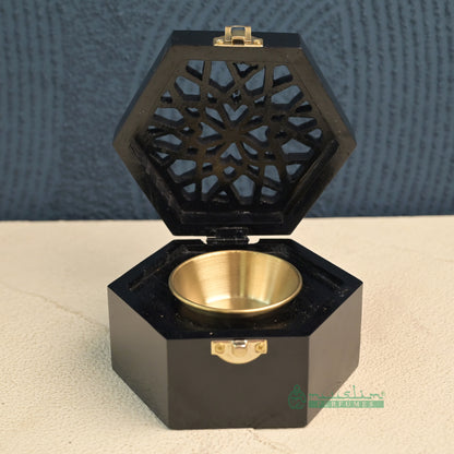 Black Hexagon Arabesque Handcrafted Teak Wood Bukhoor Incense Burner