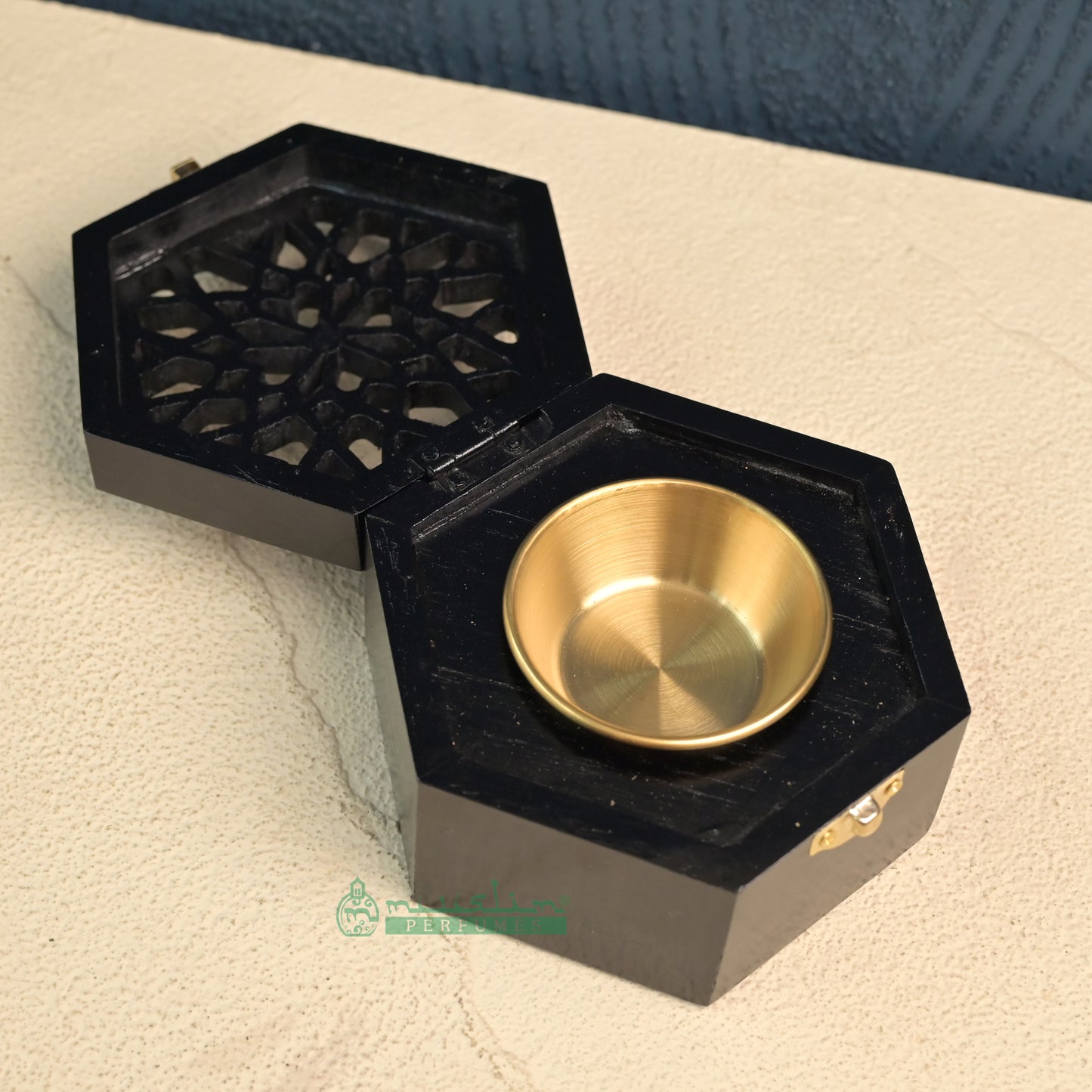 Black Hexagon Arabesque Handcrafted Teak Wood Bukhoor Incense Burner