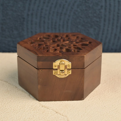 Brown Hexagon Arabesque Handcrafted Teak Wood Bukhoor Incense Burner