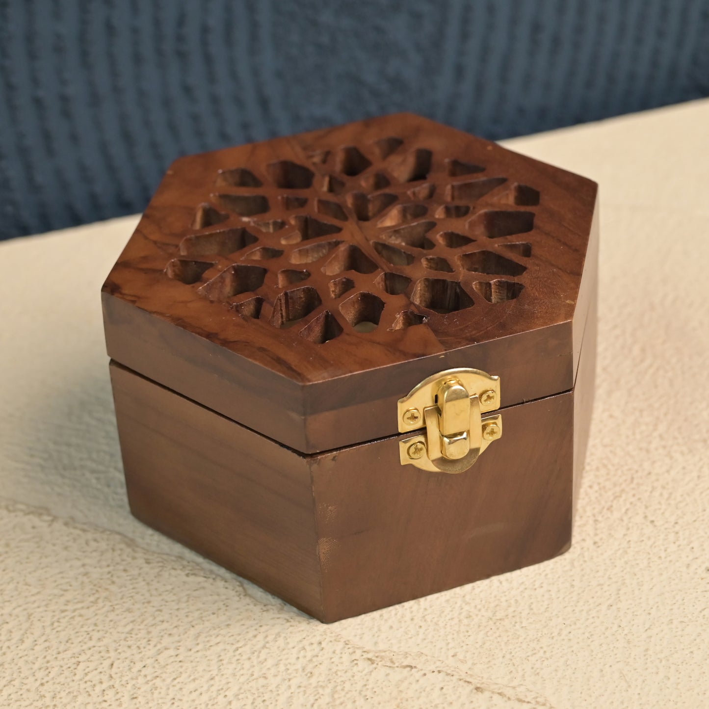 Brown Hexagon Arabesque Handcrafted Teak Wood Bukhoor Incense Burner