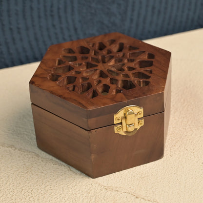 Brown Hexagon Arabesque Handcrafted Teak Wood Bukhoor Incense Burner