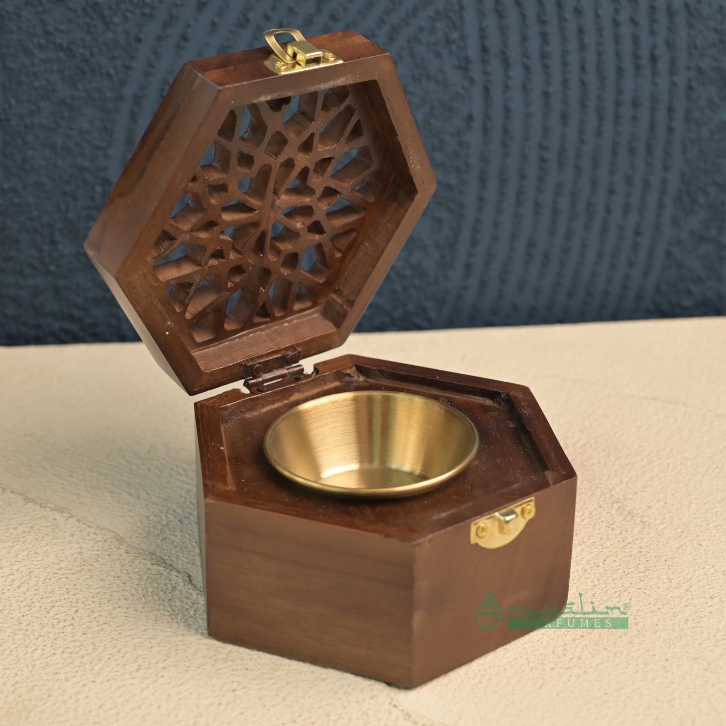 Brown Hexagon Arabesque Handcrafted Teak Wood Bukhoor Incense Burner