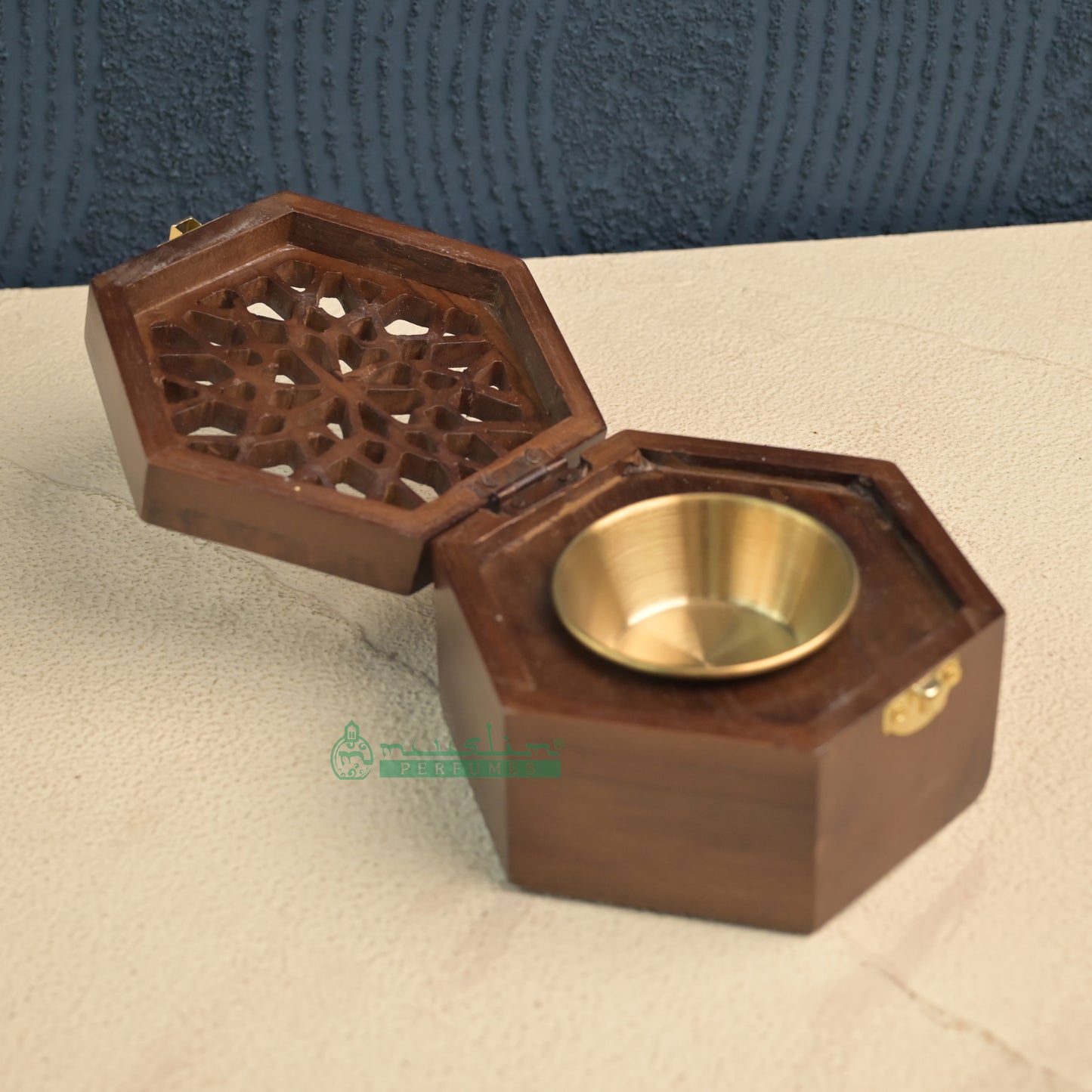 Brown Hexagon Arabesque Handcrafted Teak Wood Bukhoor Incense Burner