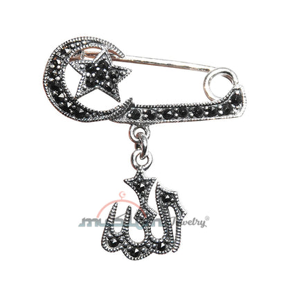 Pin Selendang Perak Bintang Bulan Sabit Allah Kecil Marcasite