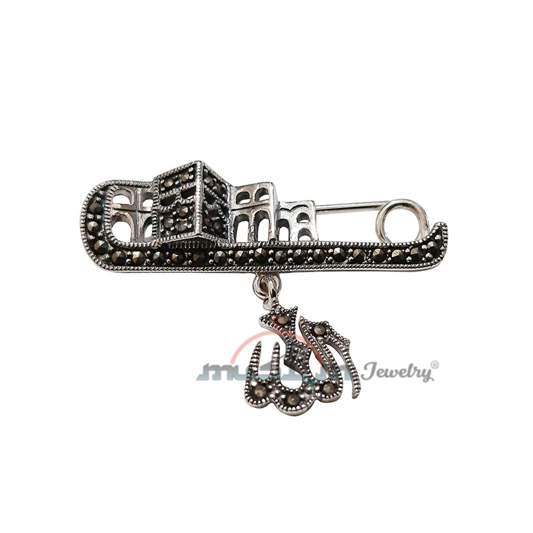 Small Islamic Scarf Pin Brooch Silver Allah Kabah Marcasite Gems