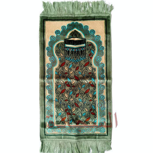 Aydin Extra Small Mini Kid's Prayer Rug Gray & Teal Blue Kabah Design 14x 25 In (35x 63 cm) Islamic Salat Ja Namaz